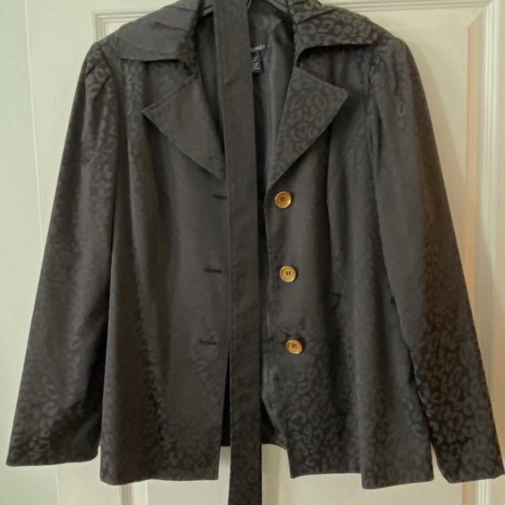 Cynthia Rowley black animal print belted jacket with gold buttons size M
